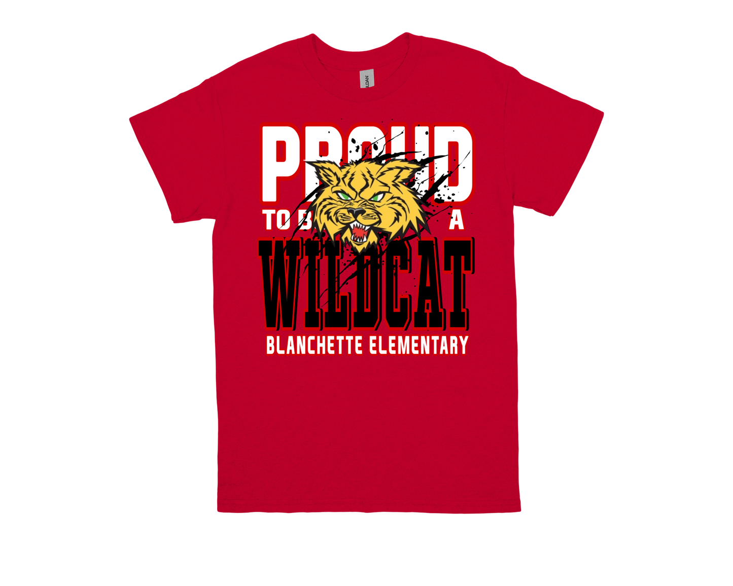 Red Blanchette PROUD TO BE A WILDCAT shirt with wildcat graphic and school name
