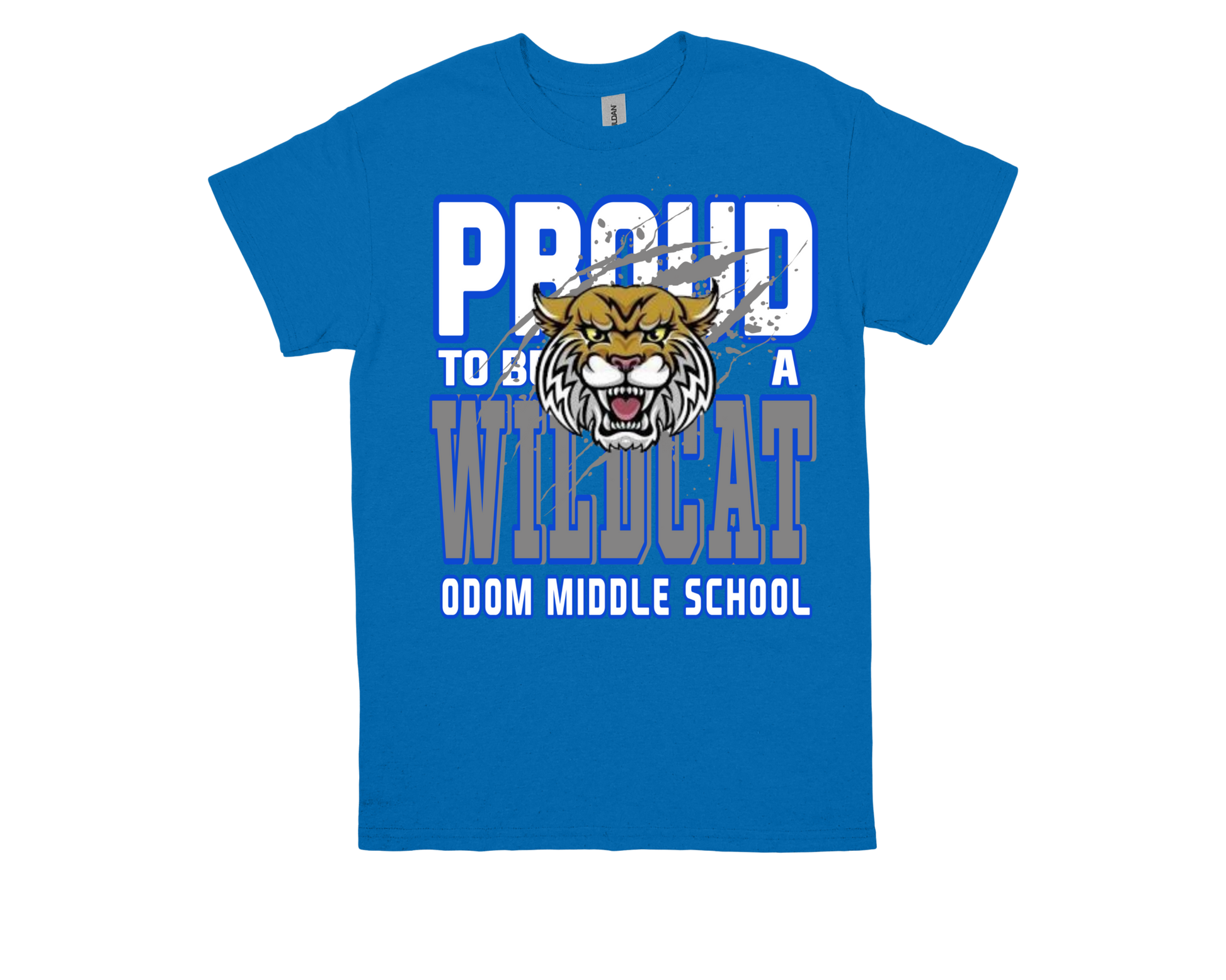 Blue ODOM Proud to Be a Wildcat shirt with wildcat mascot and Odom Middle School text