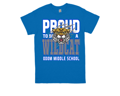Blue ODOM Proud to Be a Wildcat shirt with wildcat mascot and Odom Middle School text