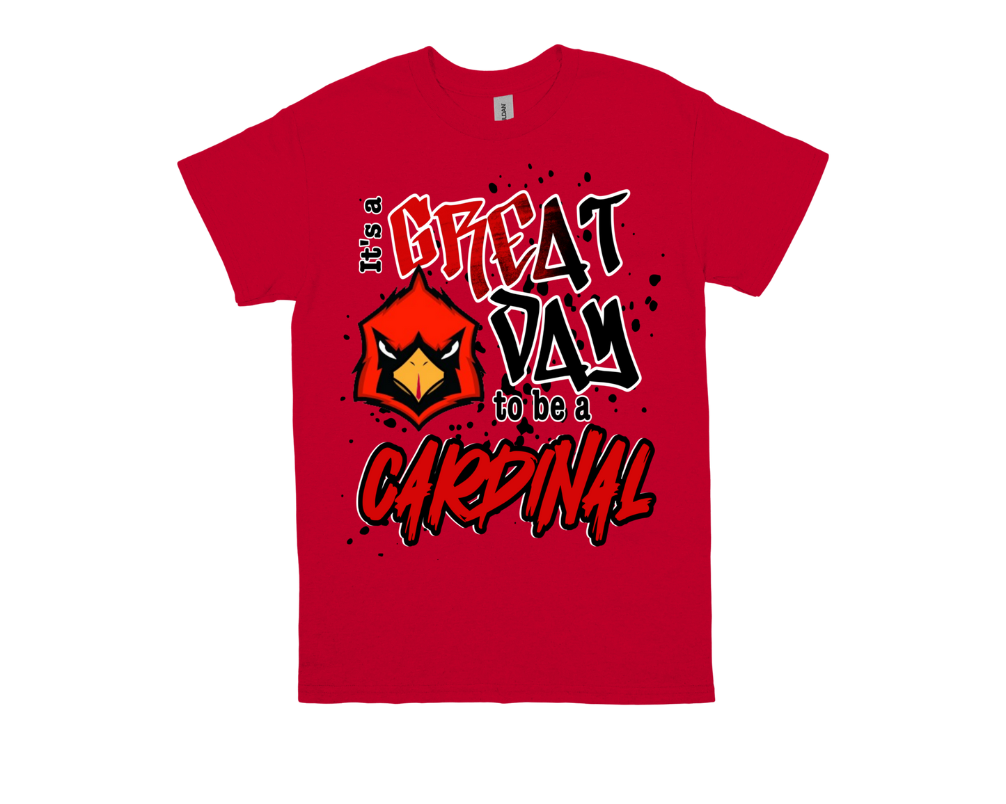 Jones Clark red T-shirt with "Great Day to Be a Cardinal" text and Cardinal mascot graphic