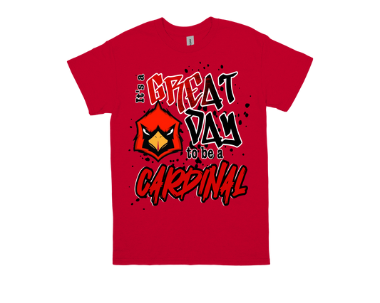 Jones Clark red T-shirt with "Great Day to Be a Cardinal" text and Cardinal mascot graphic