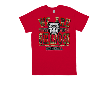 Red Marshall WE ARE BULLDOGS school spirit t-shirt with bulldog graphic and bold lettering