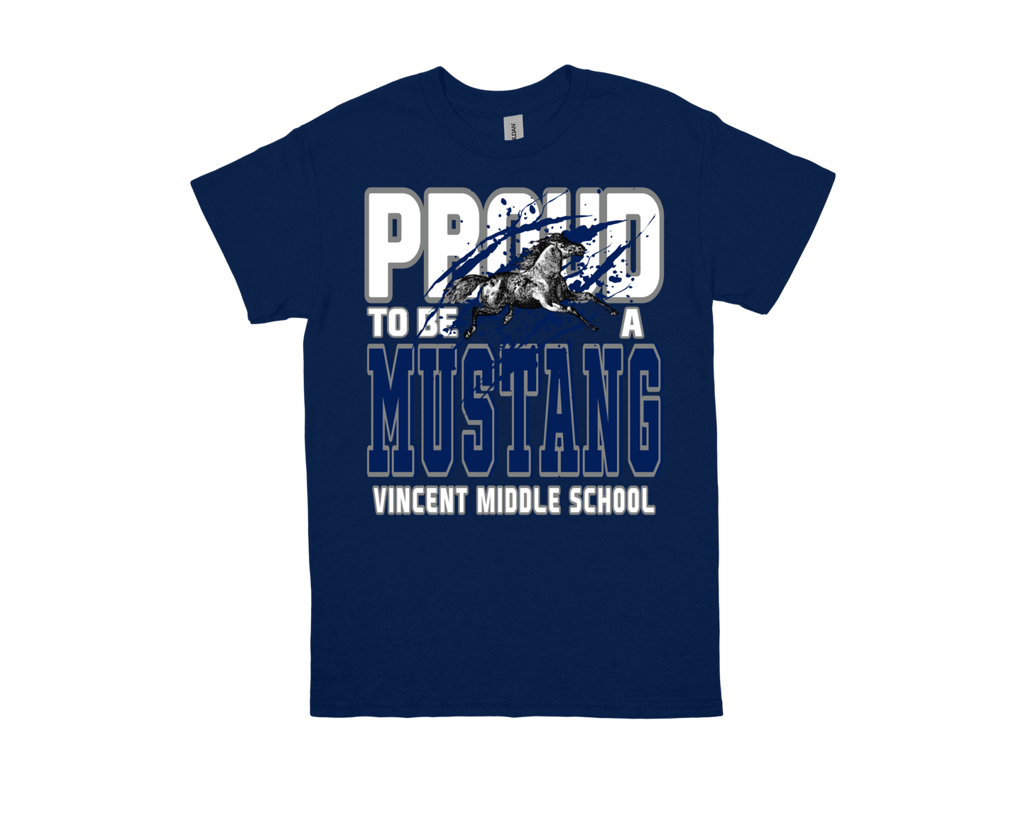 VINCENT- PROUD TO BE AN MUSTANG navy blue school spirit t-shirt with mustang graphic
