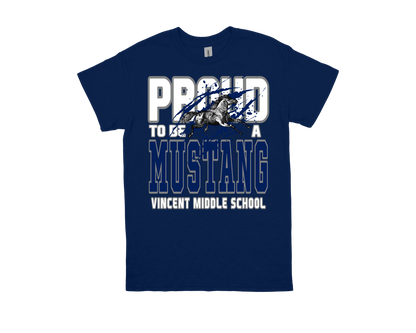 VINCENT- PROUD TO BE AN MUSTANG navy blue school spirit t-shirt with mustang graphic