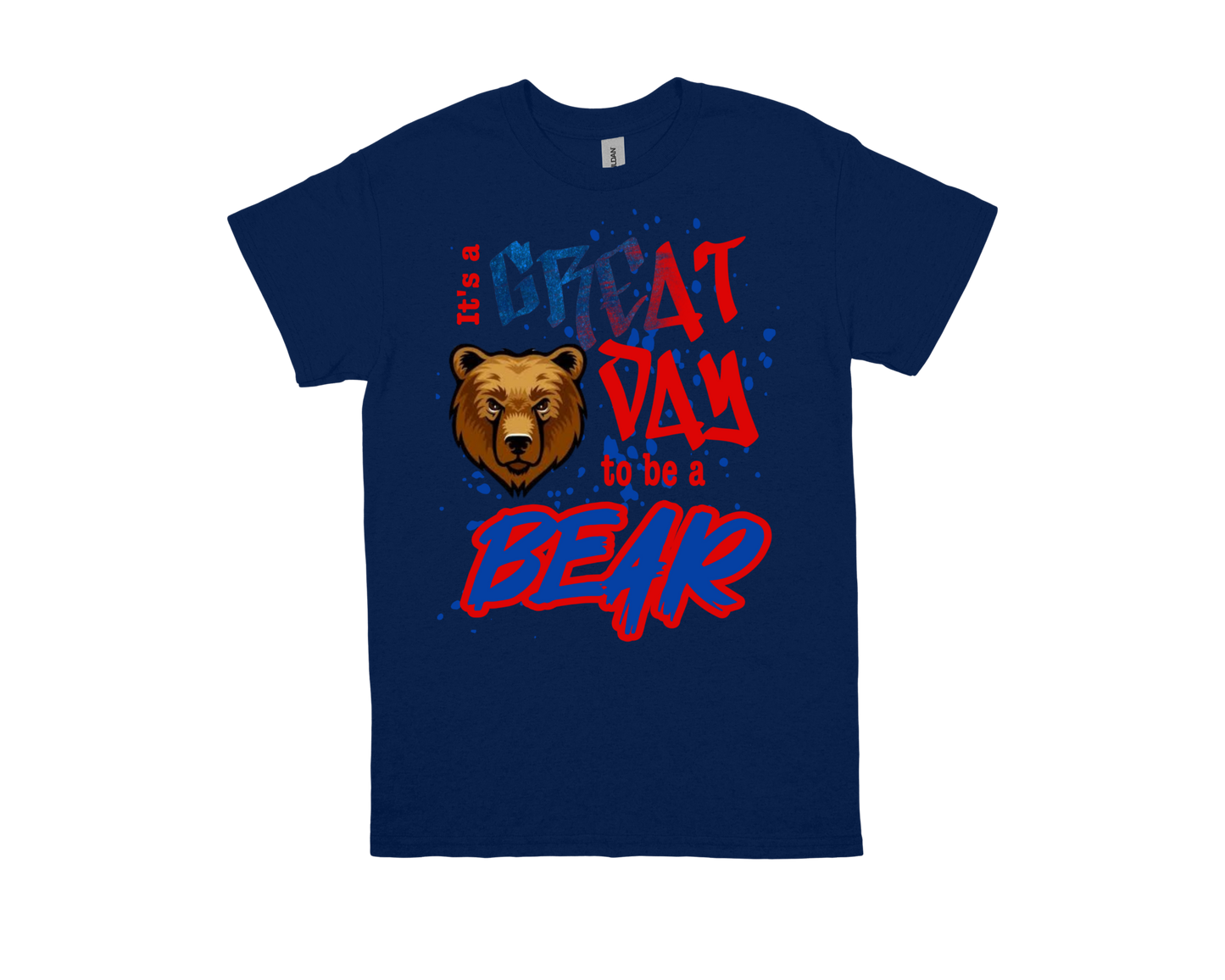 Navy Amelia GREAT DAY TO BE A BEAR school spirit t-shirt with bear graphic and bold red and blue text design
