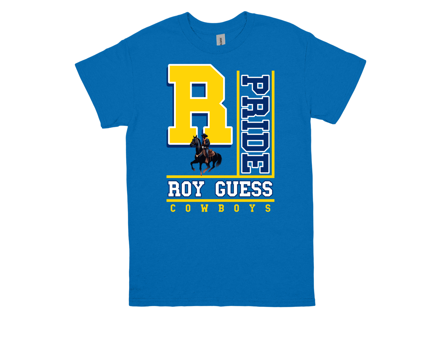 Blue Roy Guess- PRIDE spirit shirt with large yellow "R", cowboy graphic, and bold text design