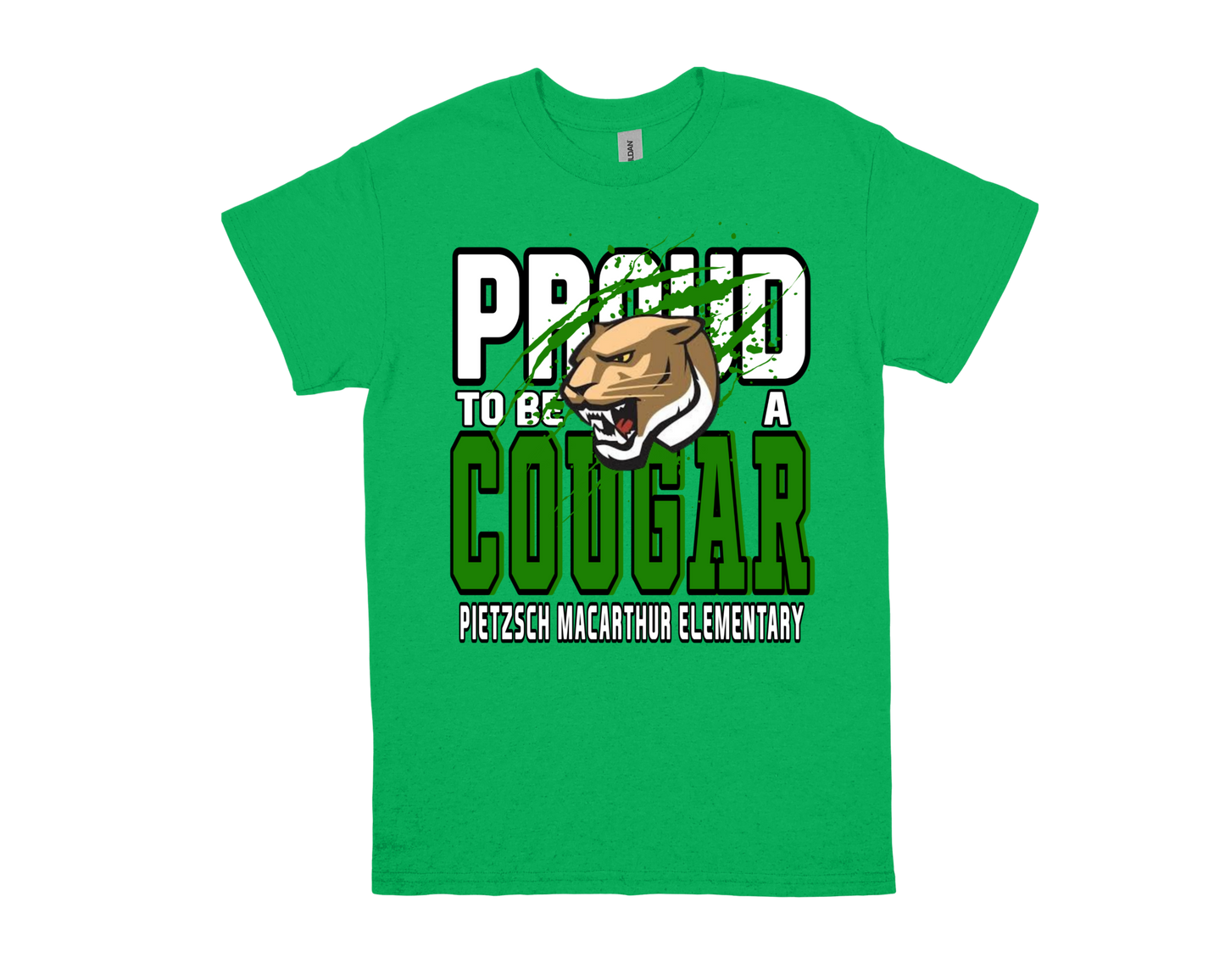 Green Pietzsch MacArthur Proud to Be a Cougar school spirit T-shirt with cougar graphic and bold lettering