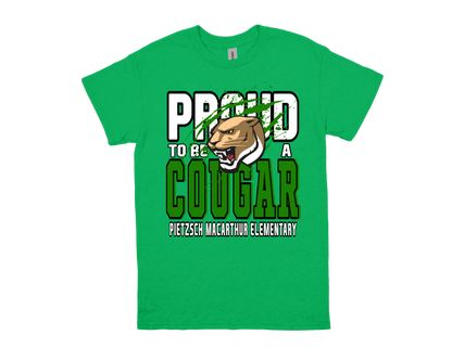 Green Pietzsch MacArthur Proud to Be a Cougar school spirit T-shirt with cougar graphic and bold lettering