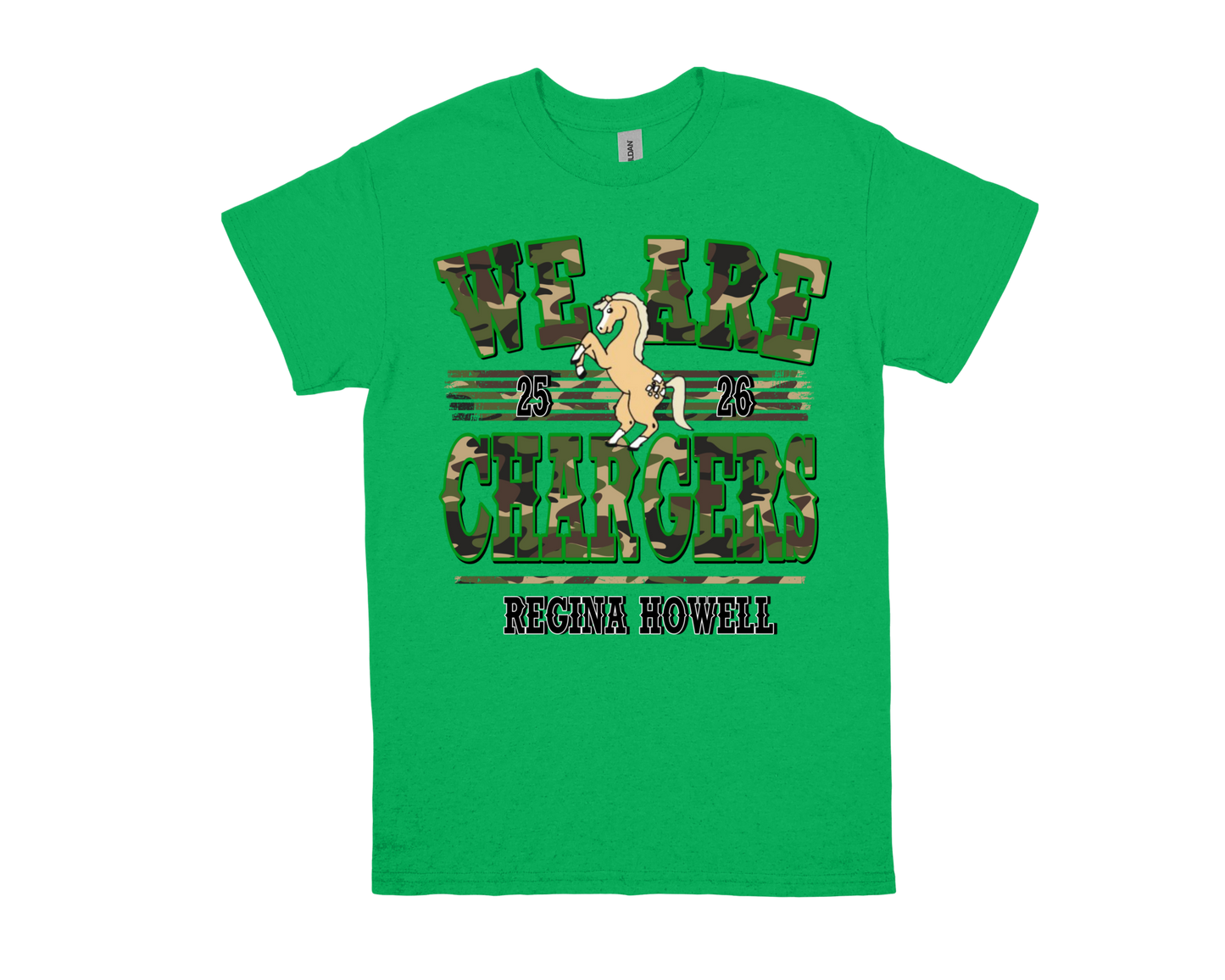 Green Regina Howell WE ARE CHARGERS school spirit t-shirt with camouflage text and horse mascot design