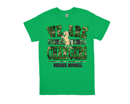 Green Regina Howell WE ARE CHARGERS school spirit t-shirt with camouflage text and horse mascot design