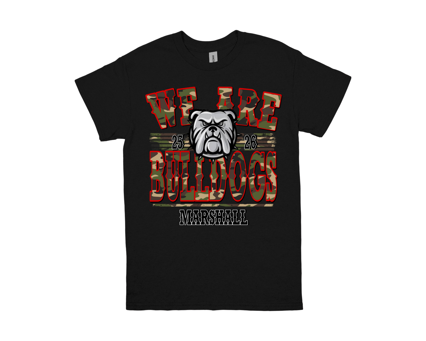 Marshall WE ARE BULLDOGS black school spirit t-shirt with bulldog logo and camo lettering design