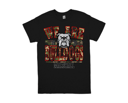 Marshall WE ARE BULLDOGS black school spirit t-shirt with bulldog logo and camo lettering design