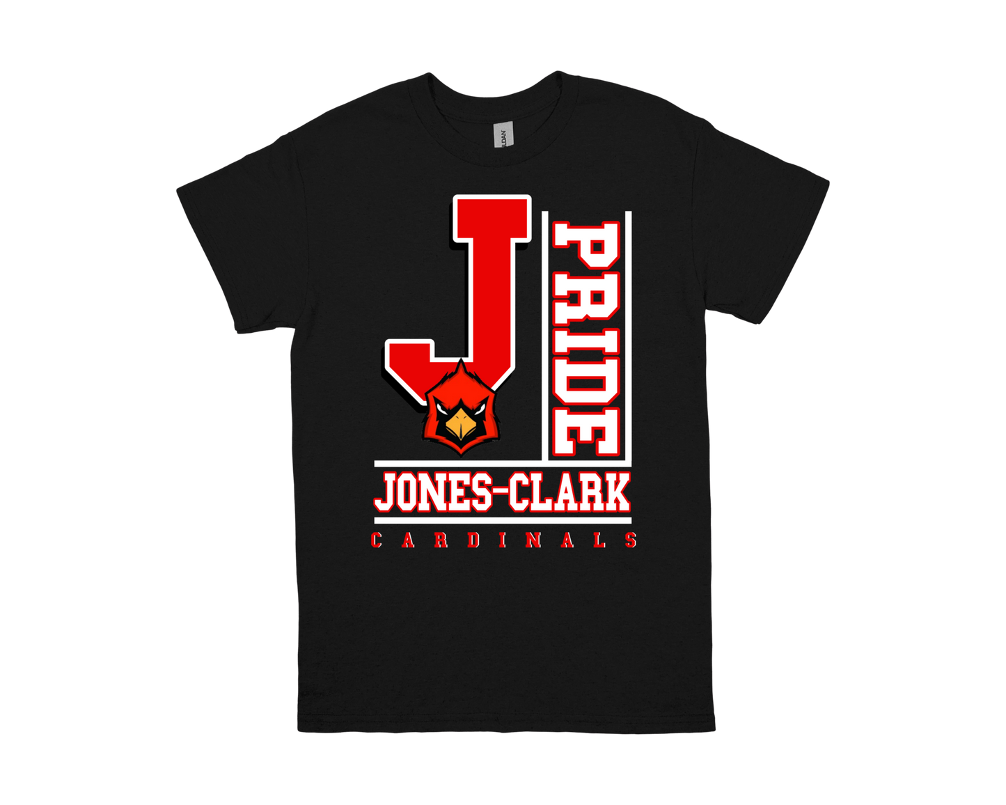 Black Jones Clark-PRIDE spirit shirt with red cardinal logo and bold school pride text
