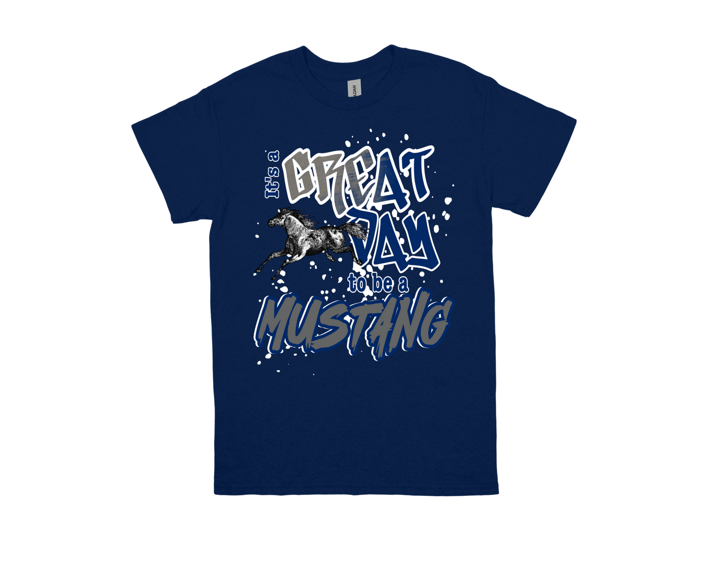 Blue Vincent Spirit Shirt with "It's a great day to be a Mustang" text and running horse graphic