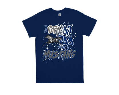 Blue Vincent Spirit Shirt with "It's a great day to be a Mustang" text and running horse graphic