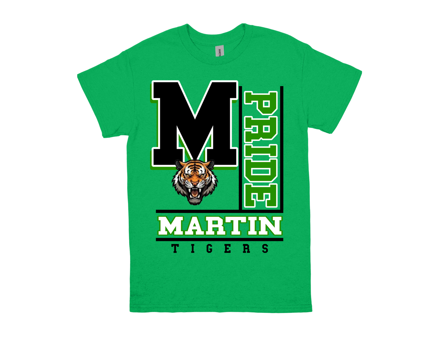 Green Martin-PRIDE t-shirt with large "M", tiger mascot, and "Martin Tigers" text, school spirit design
