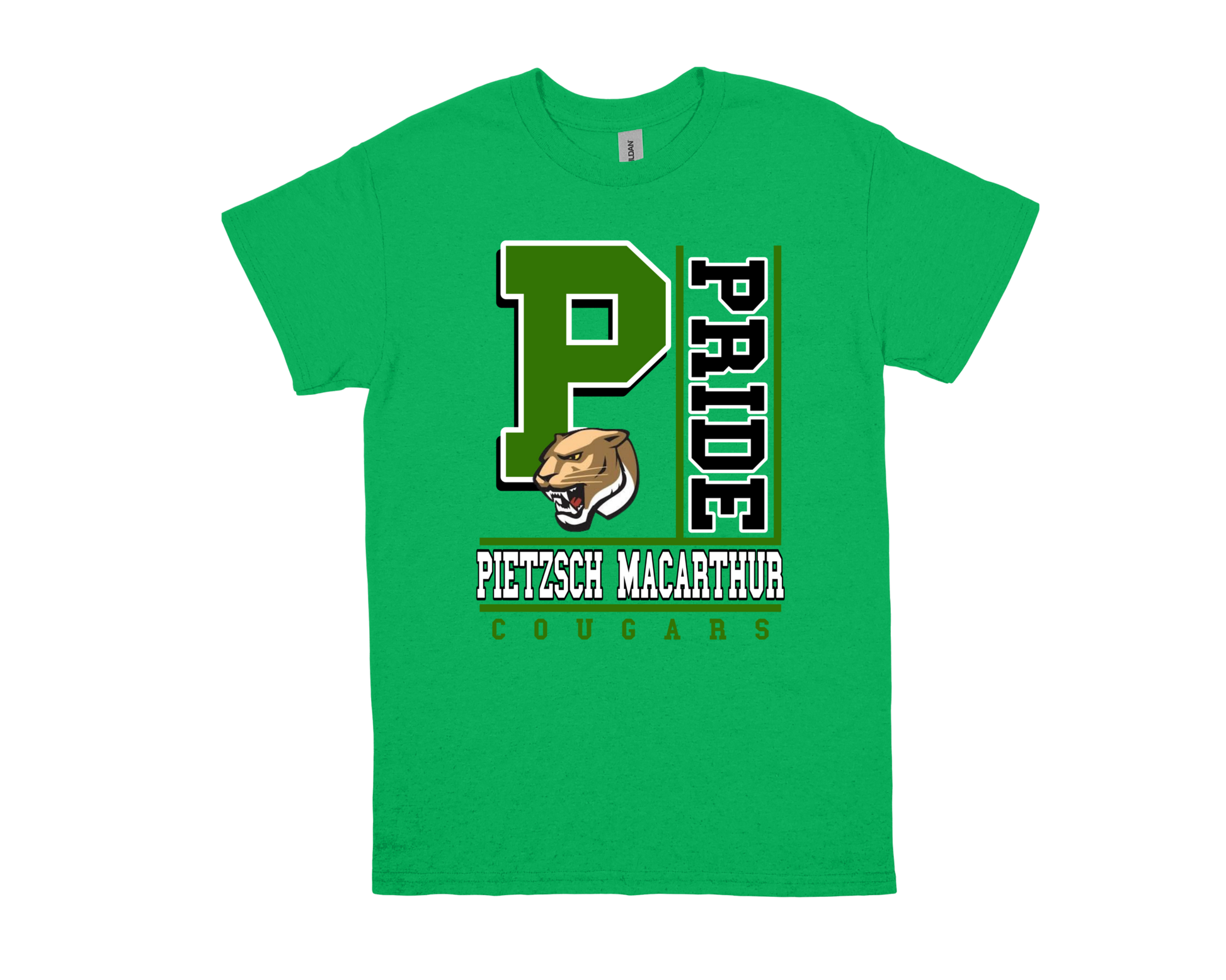 Green Pietzsch MacArthur-PRIDE shirt with school logo and cougar mascot design
