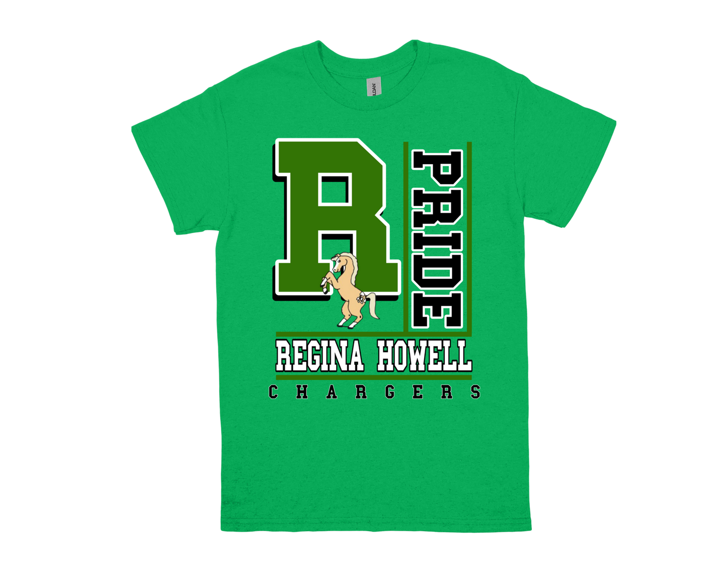 Green Regina Howell-PRIDE shirt featuring large "R" with horse graphic and school name for school spirit