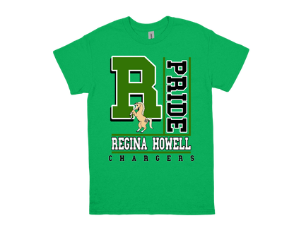 Green Regina Howell-PRIDE shirt featuring large "R" with horse graphic and school name for school spirit