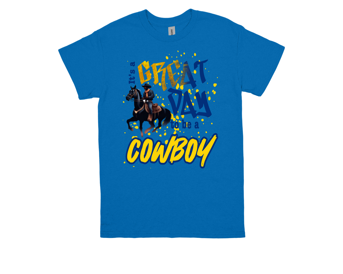 Roy Guess blue shirt with cowboy graphic and "Great Day to be a Cowboy" text design