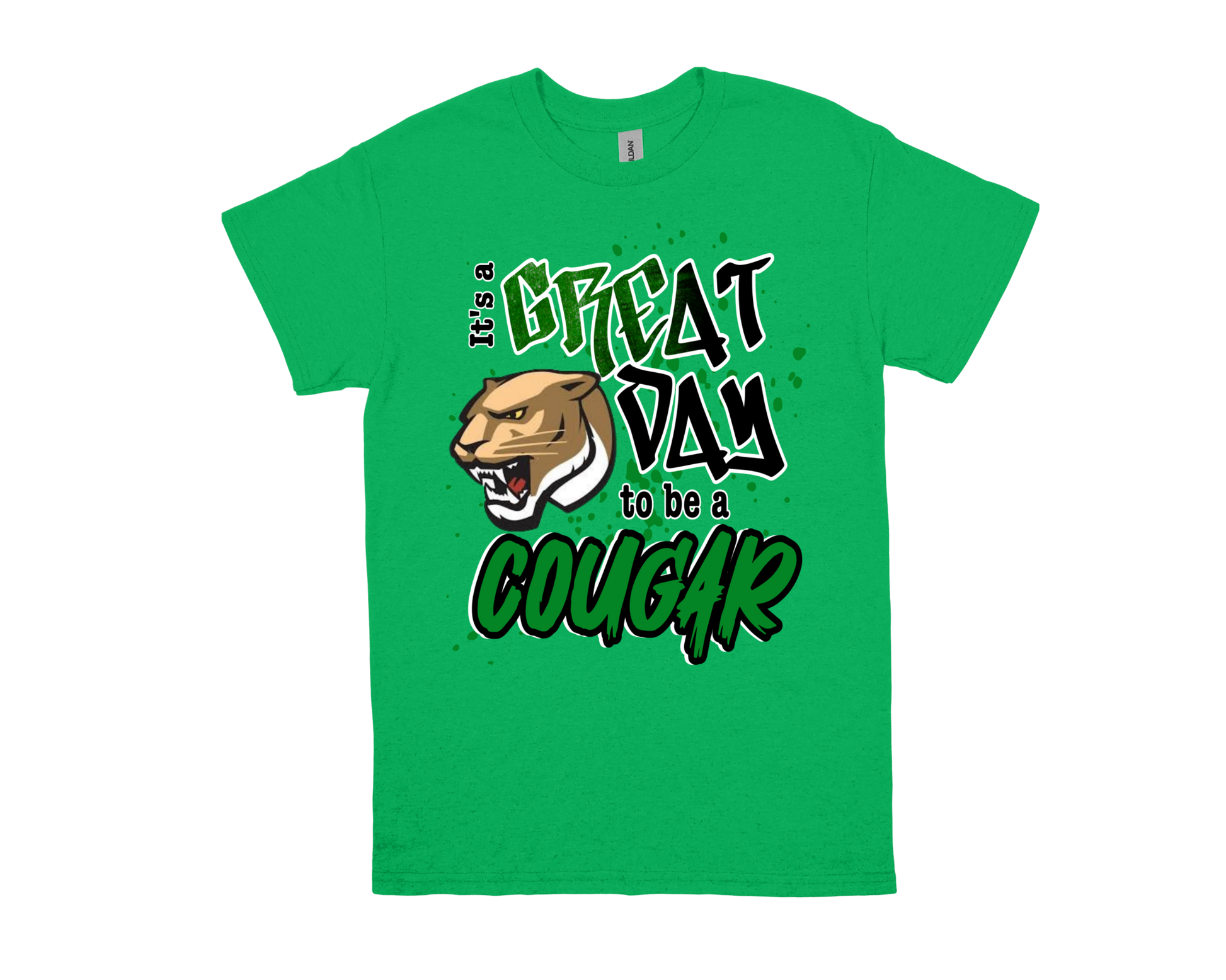 Pietzsch MacArthur green t-shirt with "Great Day to be a Cougar" and cougar mascot design