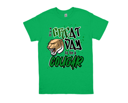 Pietzsch MacArthur green t-shirt with "Great Day to be a Cougar" and cougar mascot design