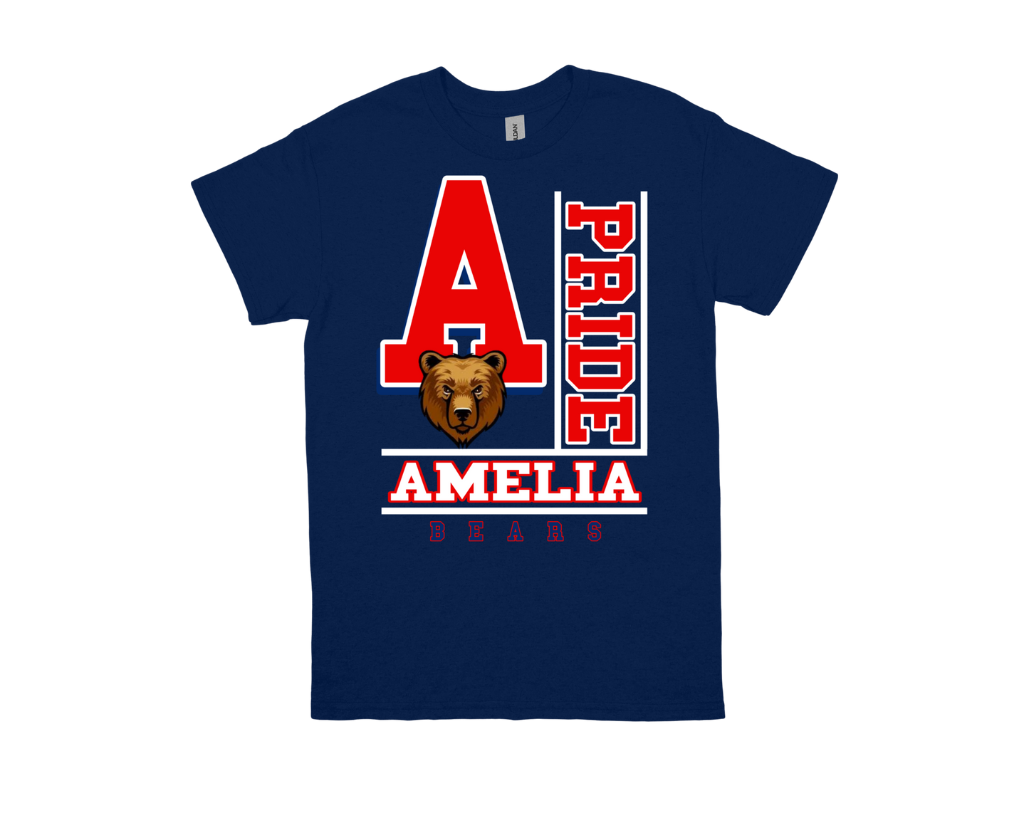 Amelia-PRIDE navy blue spirit shirt with red and white text and bear logo