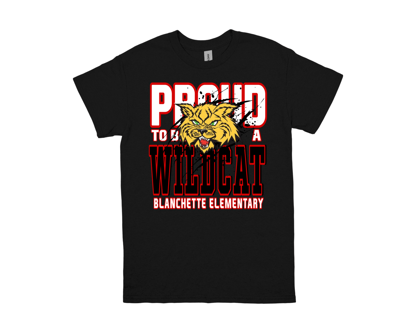Blanchette PROUD TO BE A WILDCAT shirt with wildcat mascot and school name design on black fabric