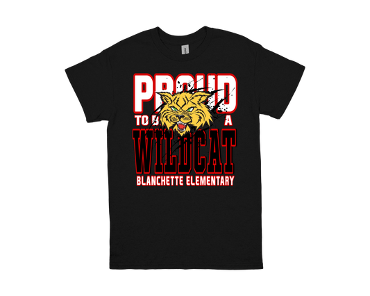Blanchette PROUD TO BE A WILDCAT shirt with wildcat mascot and school name design on black fabric