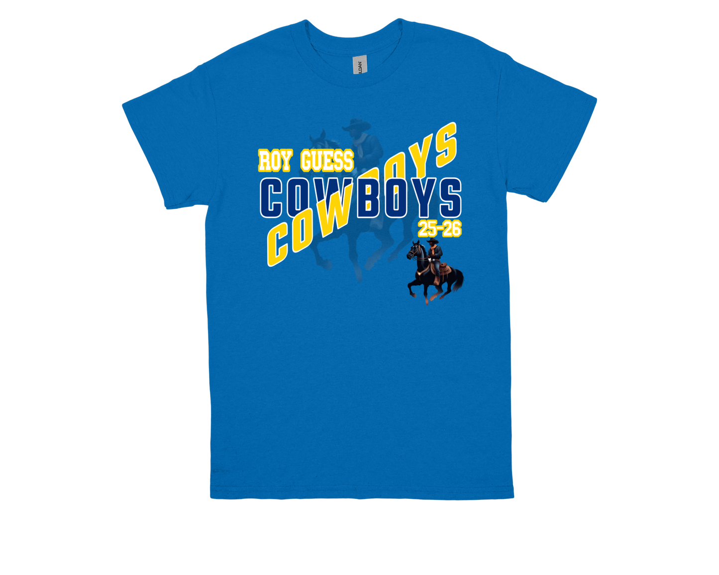 Roy Guess-COWBOY blue spirit shirt with cowboy graphic and bold text design