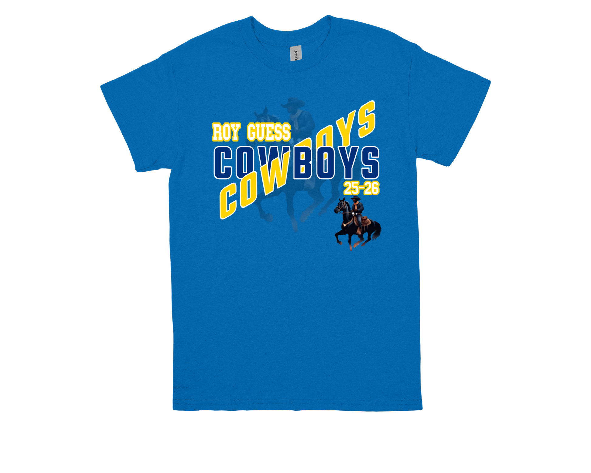 Roy Guess-COWBOY blue spirit shirt with cowboy graphic and bold text design