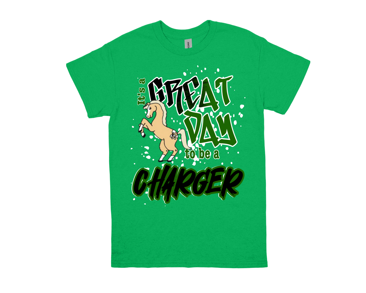 Green Regina Howell Great Day to Be a Charger t-shirt with horse graphic and school spirit text