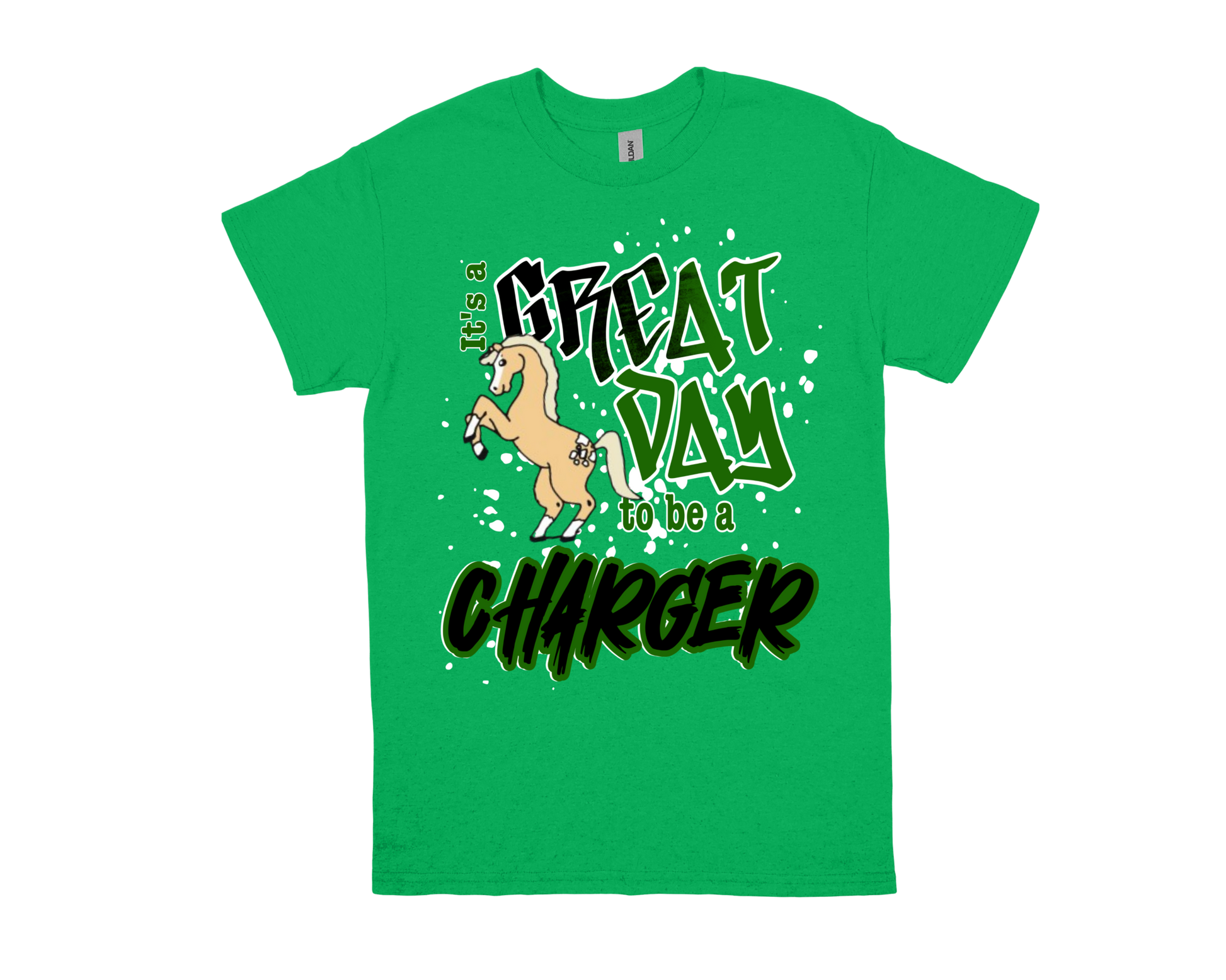 Green Regina Howell Great Day to Be a Charger t-shirt with horse graphic and school spirit text