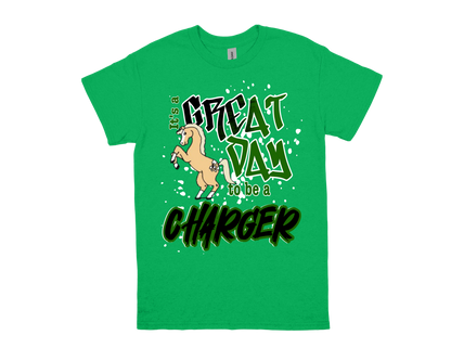 Green Regina Howell Great Day to Be a Charger t-shirt with horse graphic and school spirit text