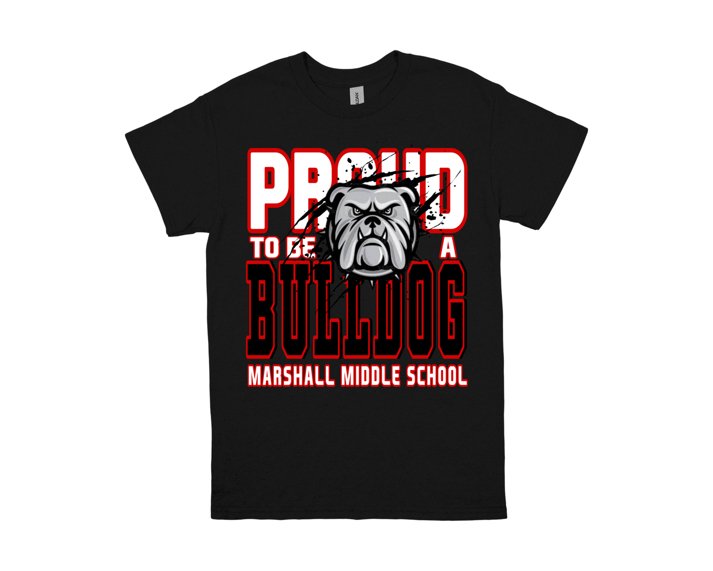 Marshall Proud to Be a Bulldog black school spirit t-shirt with bulldog graphic and red white text
