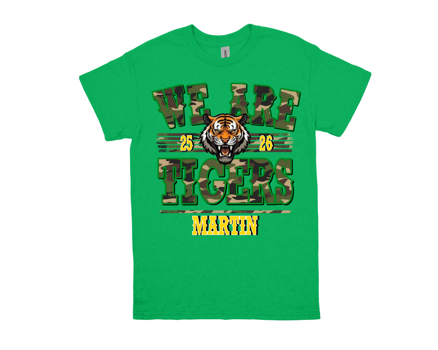 Green Martin-WE ARE TIGERS spirit shirt with tiger graphic and camo text design