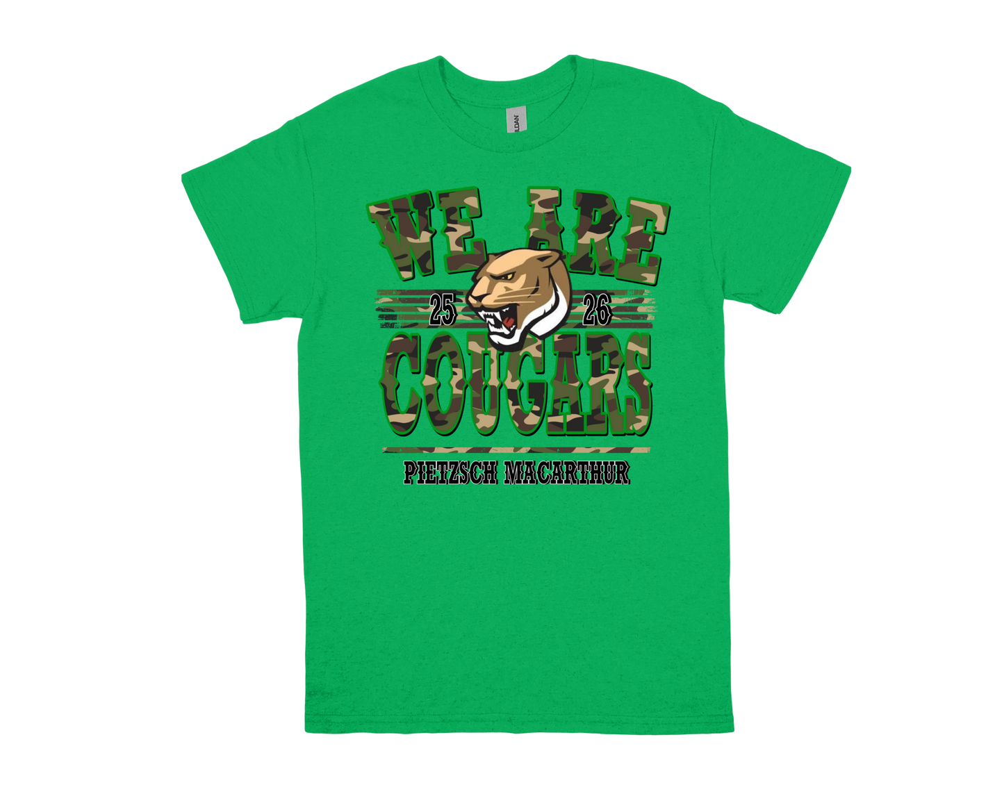 Green Pietzsch MacArthur-WE ARE COUGARS school spirit t-shirt with cougar logo and camouflage text design