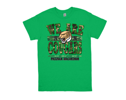 Green Pietzsch MacArthur-WE ARE COUGARS school spirit t-shirt with cougar logo and camouflage text design