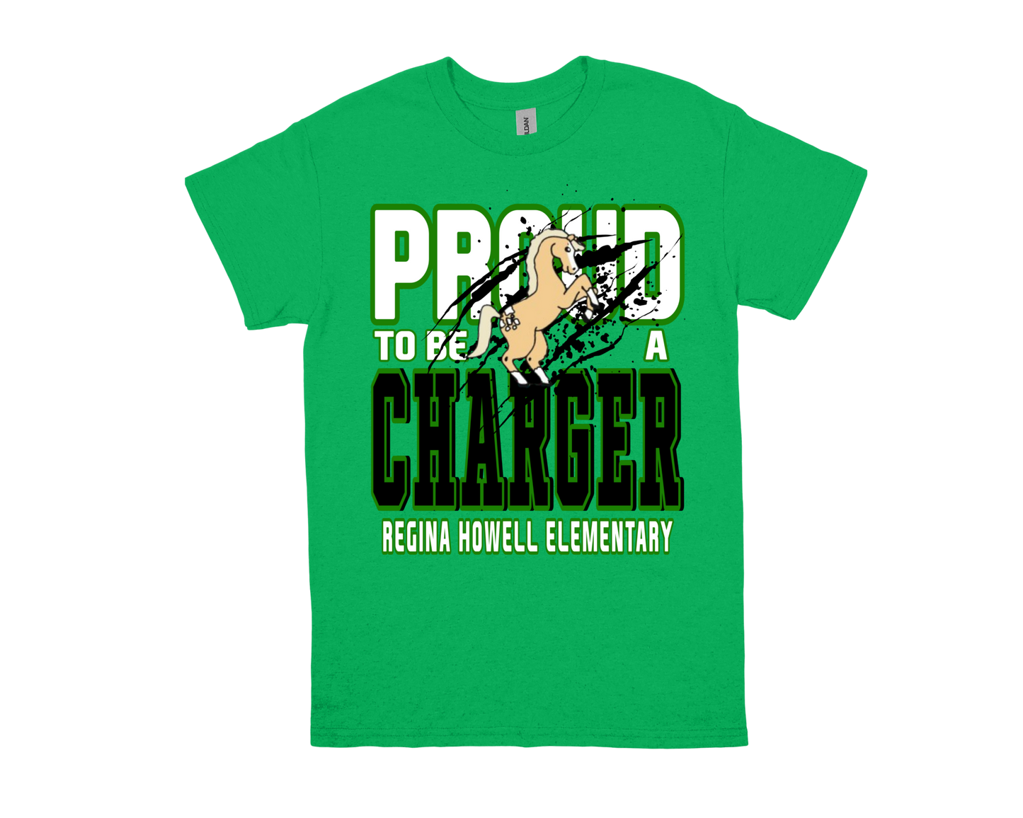 Green Regina Howell Elementary Proud to Be a Charger t-shirt with horse mascot design