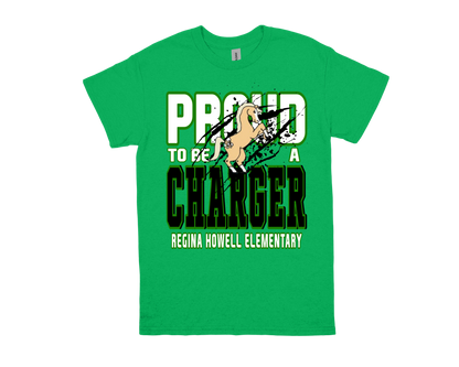 Green Regina Howell Elementary Proud to Be a Charger t-shirt with horse mascot design