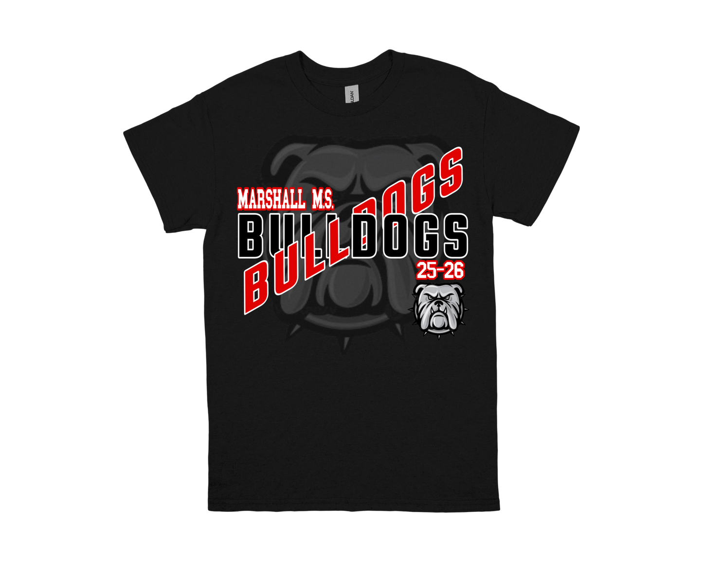 Marshall Bulldogs shirt black with bold Bulldogs text and mascot logo