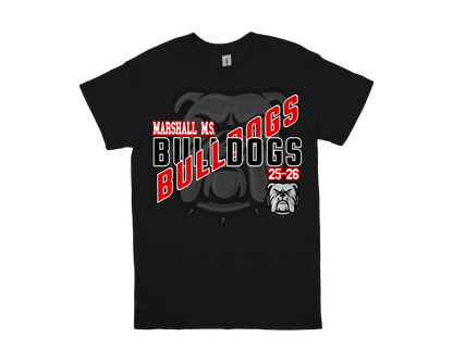 Marshall Bulldogs shirt black with bold Bulldogs text and mascot logo