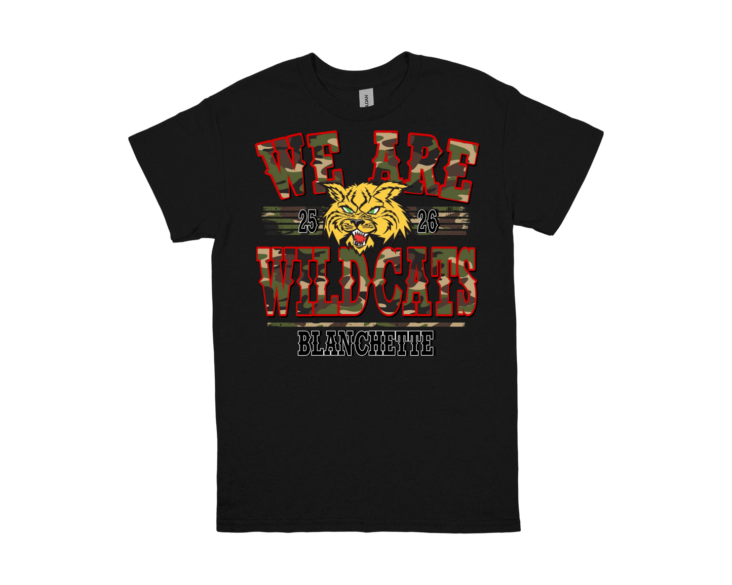 Black Blanchette "We Are Wildcats" school spirit t-shirt with wildcat logo and camouflage text design