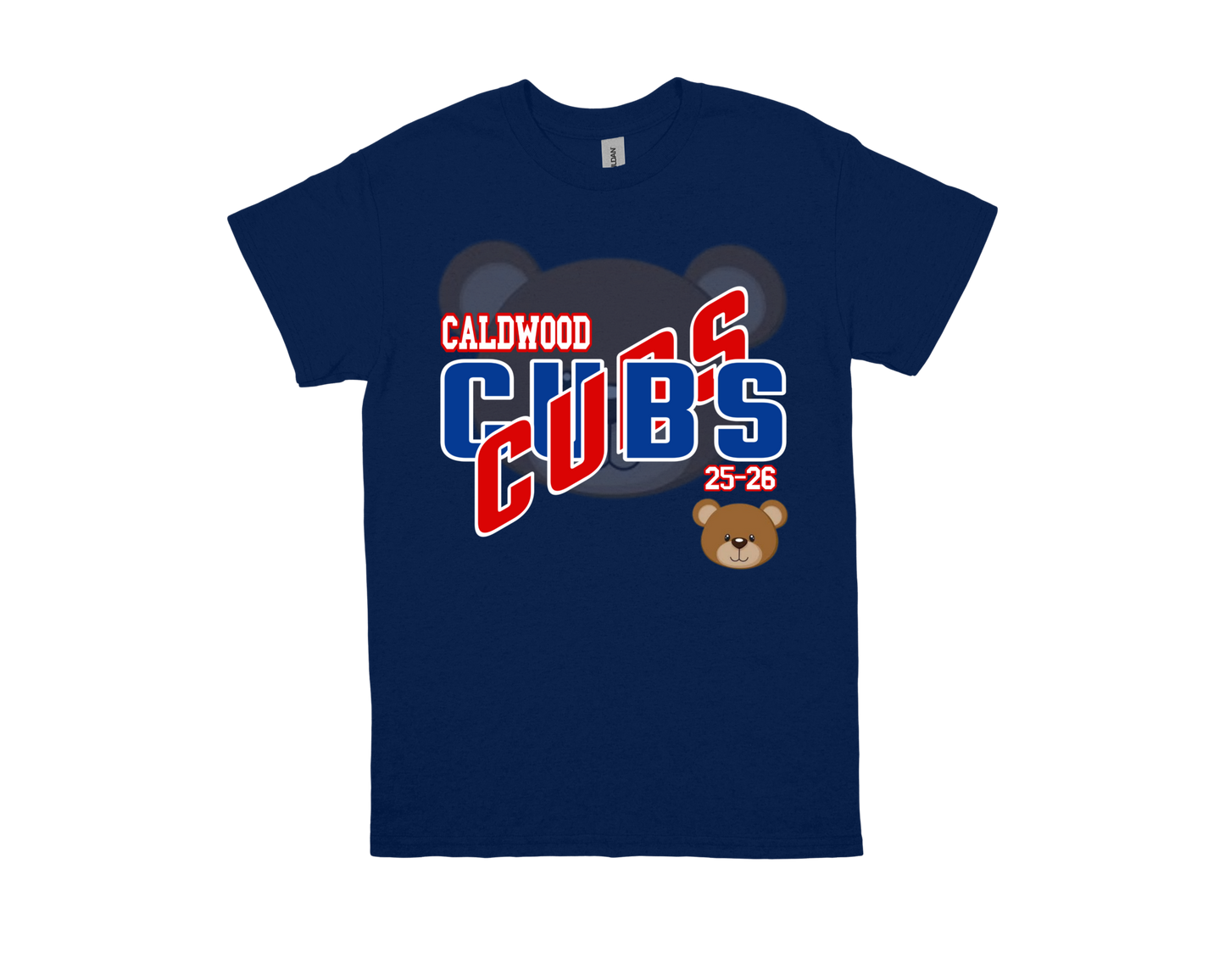 Caldwood-CUBS navy blue school spirit t-shirt with bear logo and bold team text design