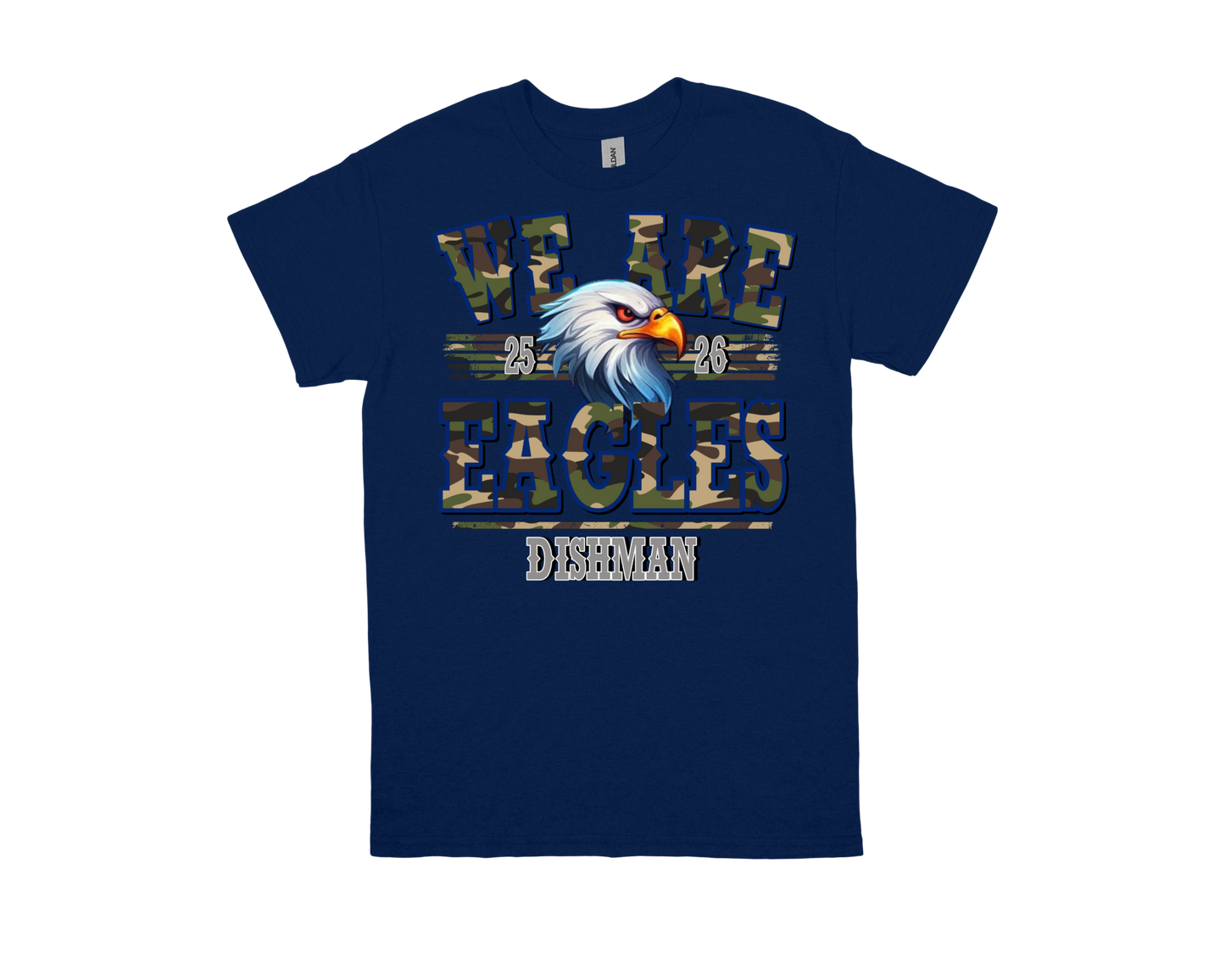 Dishman blue t-shirt with We Are Eagles design and eagle graphic