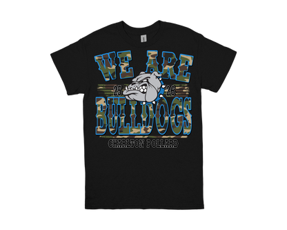 Charlton Pollard black t-shirt with "WE ARE BULLDOGS" text and bulldog mascot design
