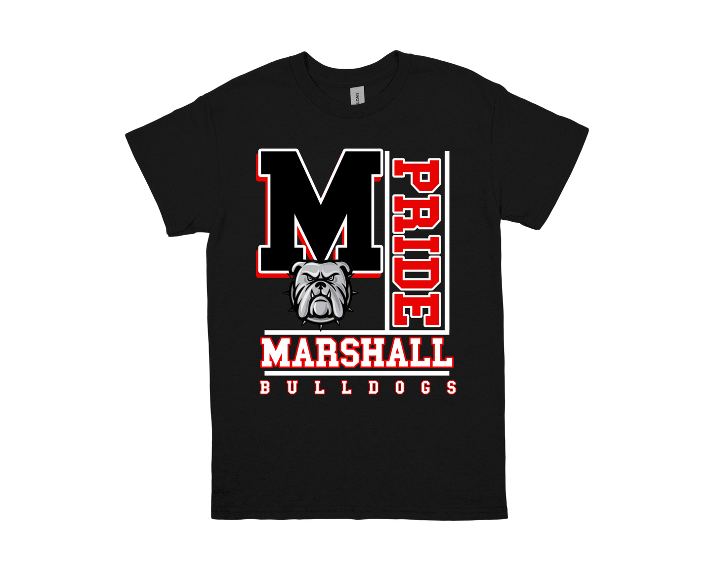 Marshall- PRIDE black t-shirt with bulldog logo and school spirit design