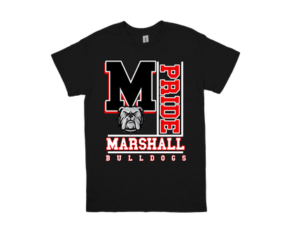 Marshall- PRIDE black t-shirt with bulldog logo and school spirit design