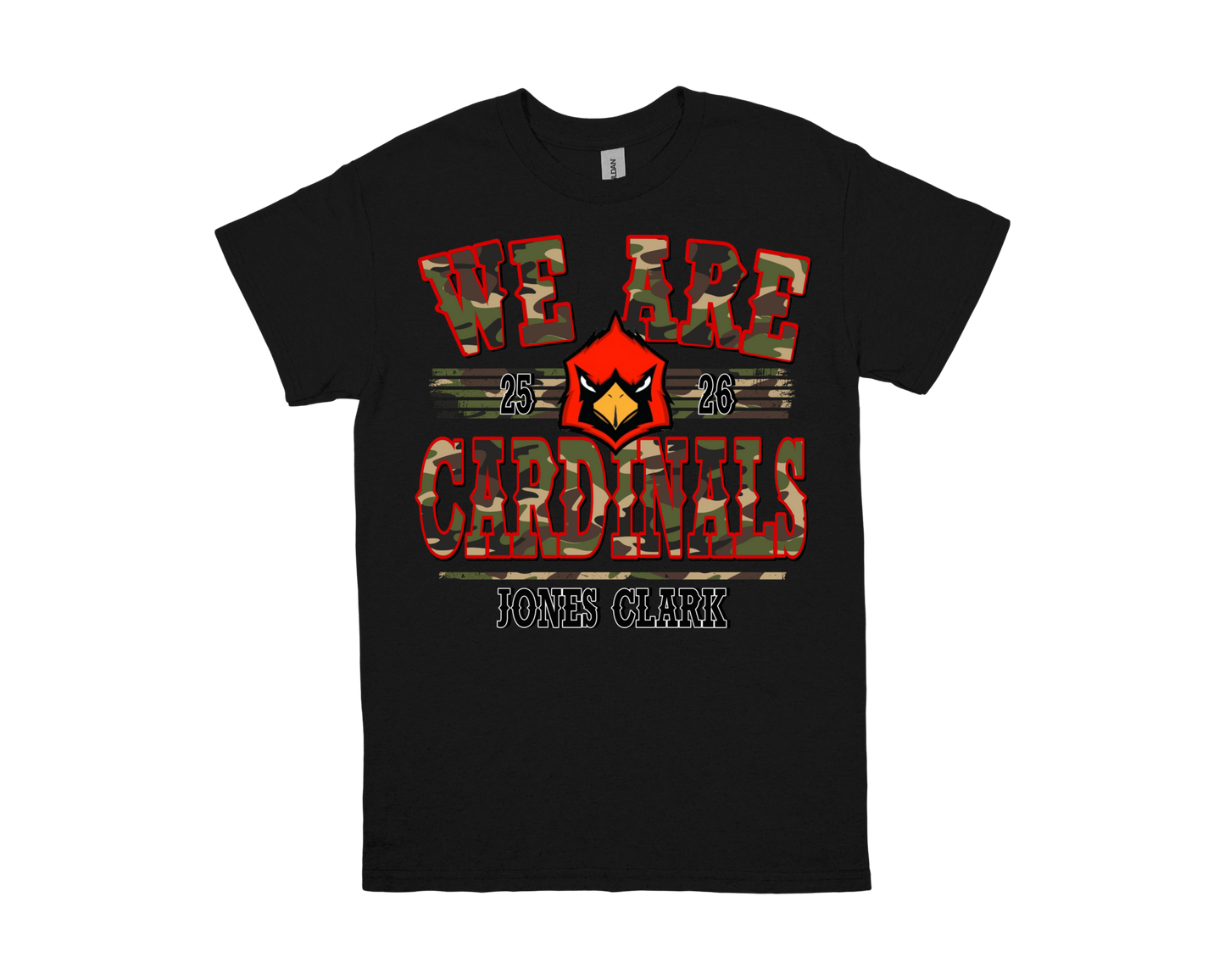 Jones Clark black t-shirt with We Are Cardinals camouflage text and cardinal logo design