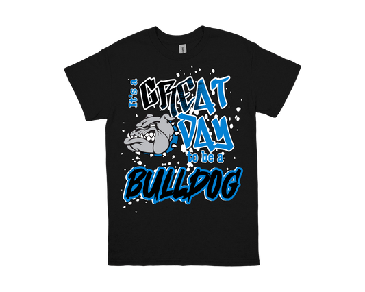 Charlton Pollard black school spirit shirt with "Great Day to be a Bulldog" text and bulldog graphic